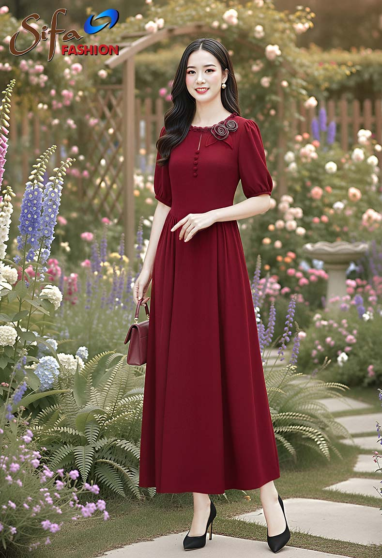 Đầm cổ tròn kết hoa thanh lịch