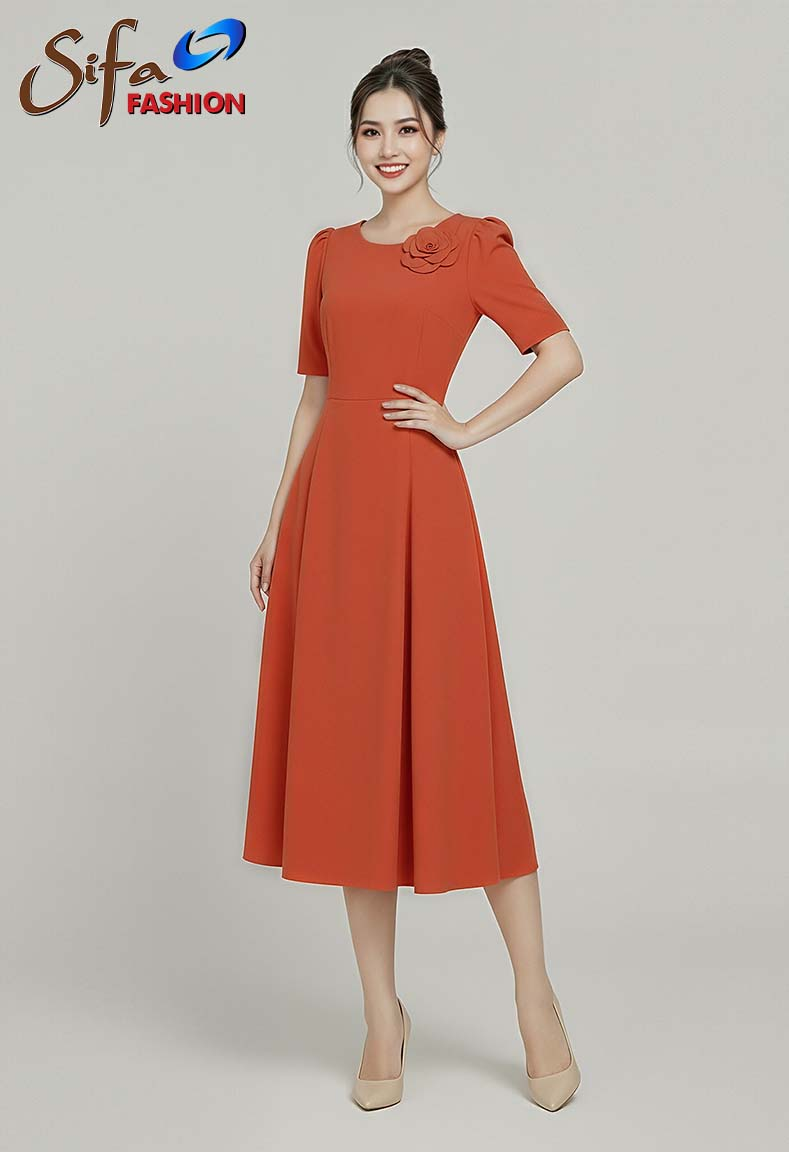 Đầm cổ tròn dáng xòe