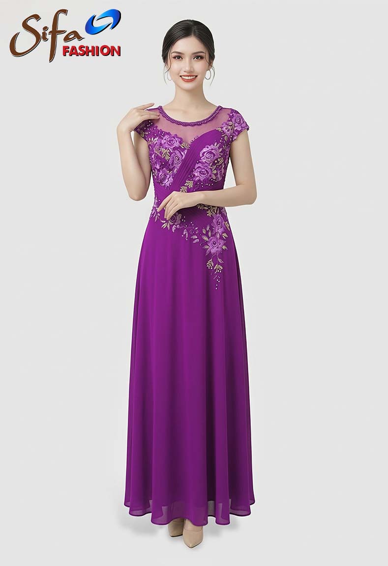 Đầm dạ hội cổ tròn phối ren