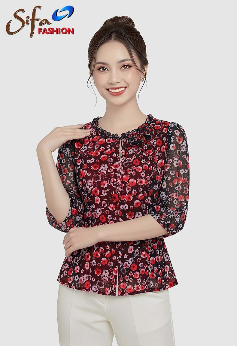 Áo cổ tròn tay phồng