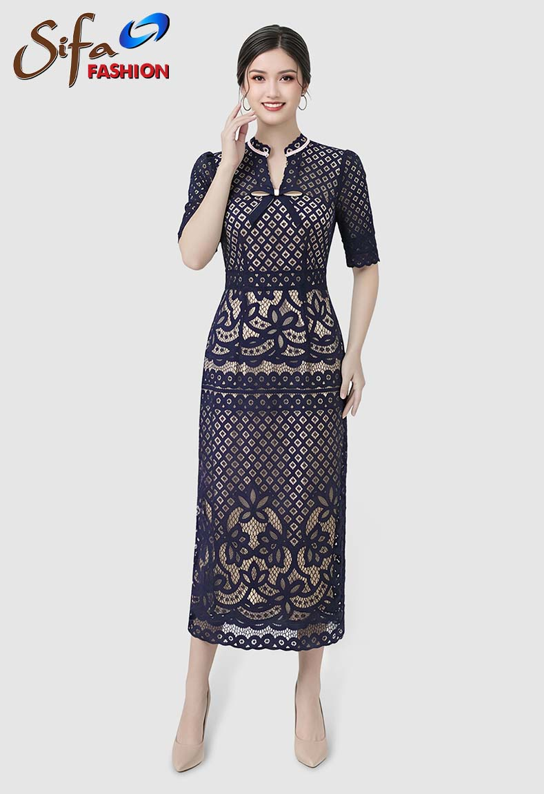 Đầm cổ nhún bèo tay lửng