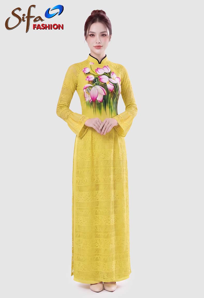 Áo dài cổ viền vẽ hoa