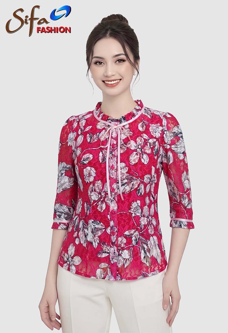 Áo ren cổ nơ ruy băng