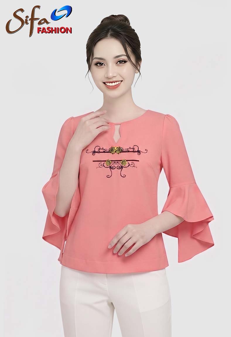 Áo lụa cổ tròn tay loe