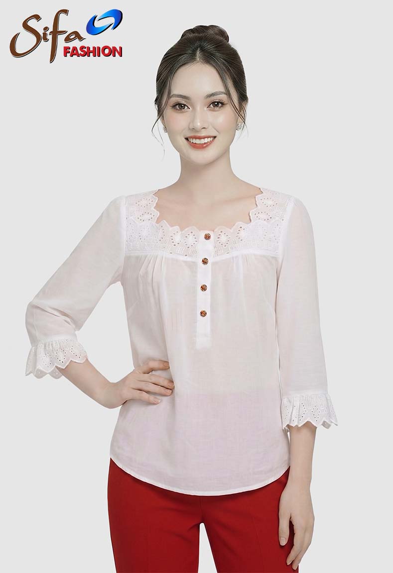 Áo thêu xẻ trụ tay bèo