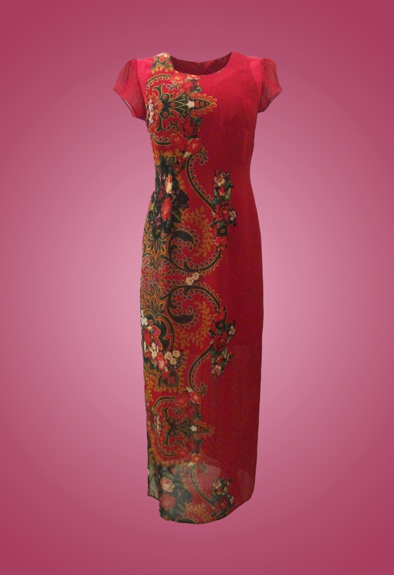 Váy xòe chiffon hoa xanh dúm hồng- XHK2601